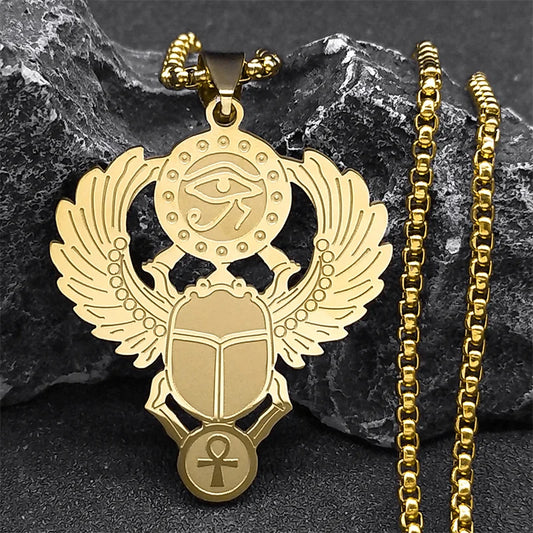 Colliers en acier inoxydable couleur or, symbole du scarabée égyptien œil de Ra Horus, collier clé de vie ankh,