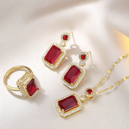 Ensemble de boucles d'oreilles, collier et bagues couleur émeraude de luxe pour femme en acier inoxydable