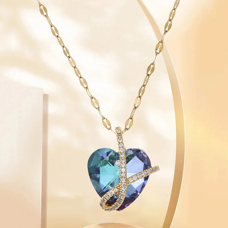 Collier en cristal avec pendentif en forme de cœur, bijou en acier inoxydable pour femmes