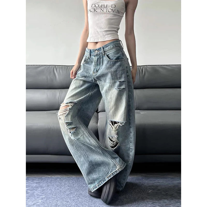 pantalon baggy bleus femmes été 2025, style vintage américain, streetwear Y2K,