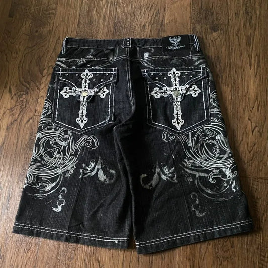 Short en jean Y2K baggy avec broderie de lettres et motif
