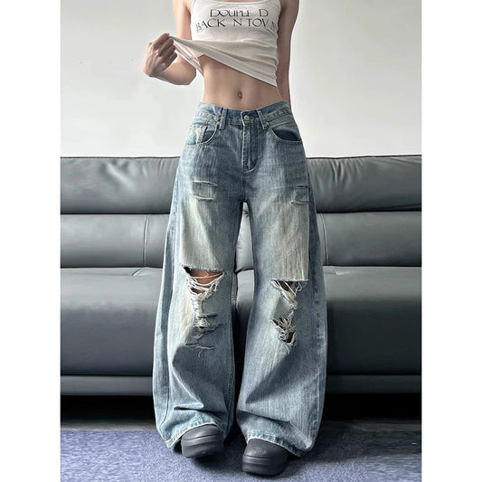 pantalon baggy bleus femmes été 2025, style vintage américain, streetwear Y2K,