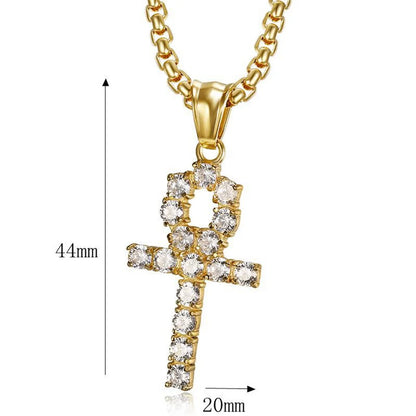 Pendentif croix ankh en acier inoxydable couleur or, zircon pour femmes