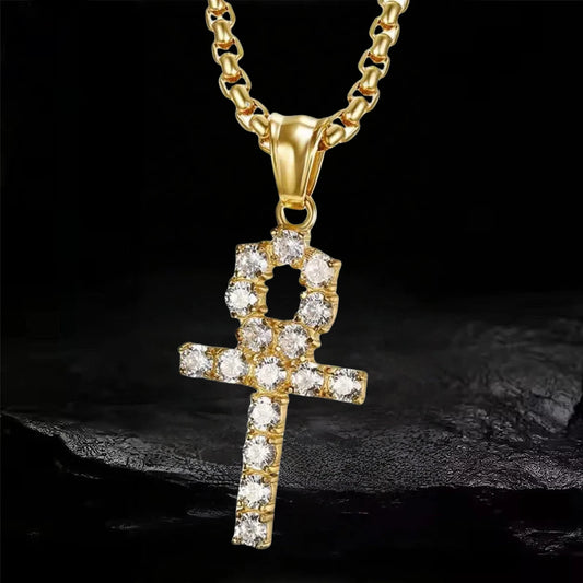 Pendentif croix ankh en acier inoxydable couleur or, zircon pour femmes