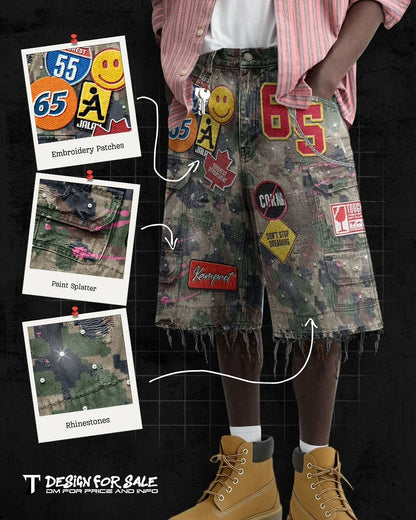 Shorts en denim bleu streetwear Y2K pour hommes et femmes, graphismes cartoon