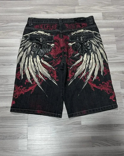 Short en jean Y2K baggy avec broderie de lettres et motif