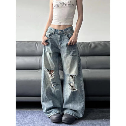 pantalon baggy bleus femmes été 2025, style vintage américain, streetwear Y2K,