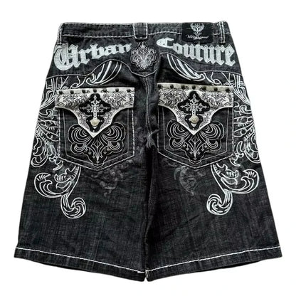 Short en jean Y2K baggy avec broderie de lettres et motif