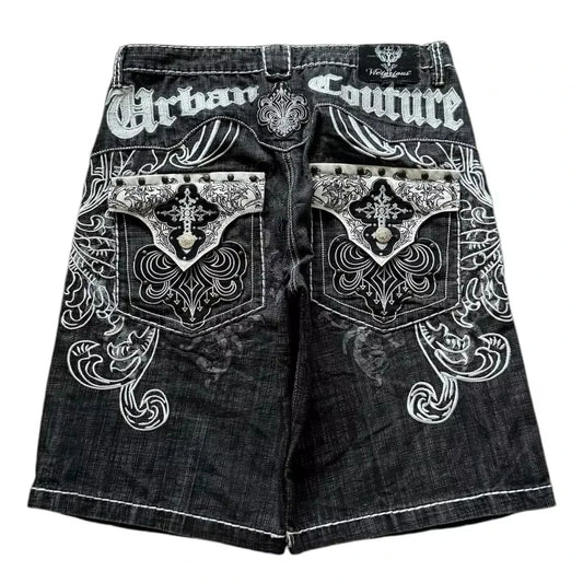 Short en jean Y2K baggy avec broderie de lettres et motif