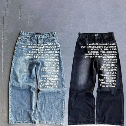 Jeans vintage Y2K imprimés avec poème d'amour pour hommes et femmes