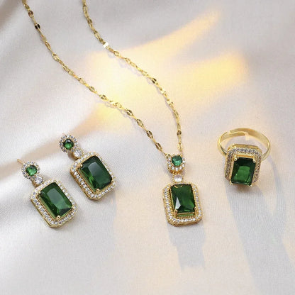 Ensemble de boucles d'oreilles, collier et bagues couleur émeraude de luxe pour femme en acier inoxydable