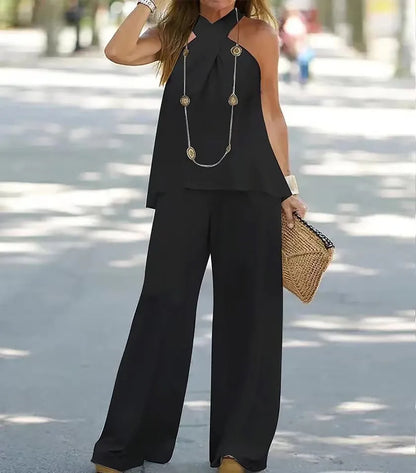 Vêtements pour femmes Haut en halter Couleur unie Sans manches Ensemble Pantalon large Pantalon Deux pièces