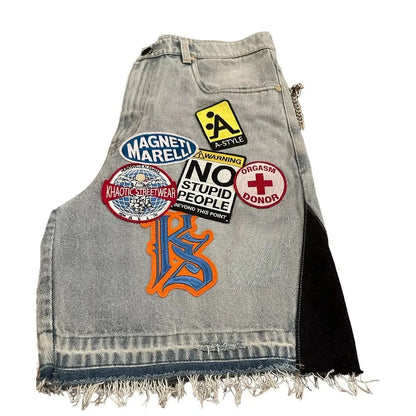 Shorts en denim bleu streetwear Y2K pour hommes et femmes, graphismes cartoon