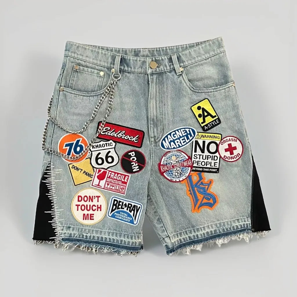 Shorts en denim bleu streetwear Y2K pour hommes et femmes, graphismes cartoon