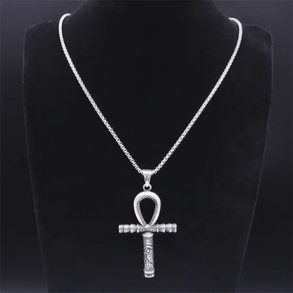 Collier pour hommes en acier inoxydable avec croix ankh égyptienne, clé de la vie, bijoux, chaîne en acier inoxydable