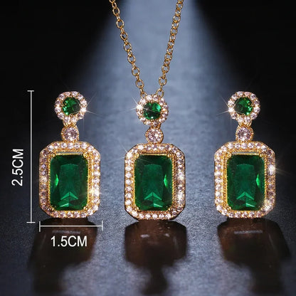 Ensemble de boucles d'oreilles, collier et bagues couleur émeraude de luxe pour femme en acier inoxydable