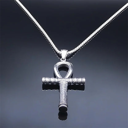 Collier pour hommes en acier inoxydable avec croix ankh égyptienne, clé de la vie, bijoux, chaîne en acier inoxydable