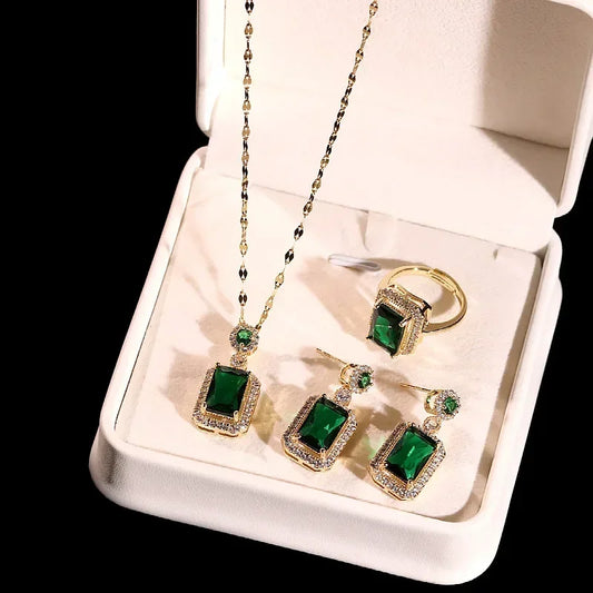 Ensemble de boucles d'oreilles, collier et bagues couleur émeraude de luxe pour femme en acier inoxydable