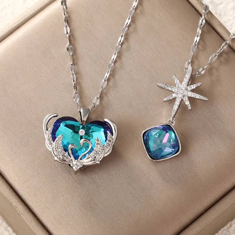 Collier en cristal avec pendentif en forme de cœur, bijou en acier inoxydable pour femmes