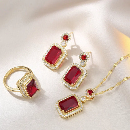 Ensemble de boucles d'oreilles, collier et bagues couleur émeraude de luxe pour femme en acier inoxydable