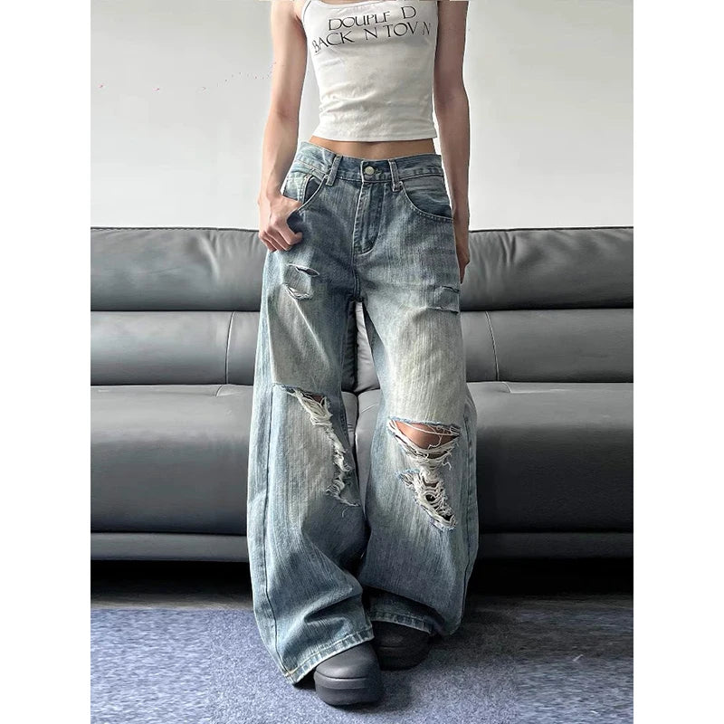 pantalon baggy bleus femmes été 2025, style vintage américain, streetwear Y2K,