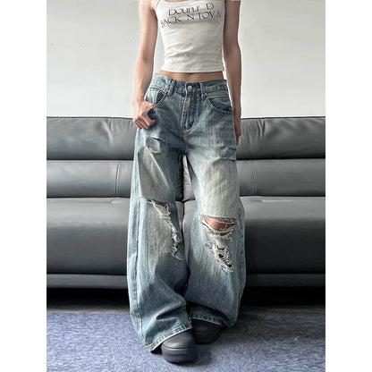 pantalon baggy bleus femmes été 2025, style vintage américain, streetwear Y2K,